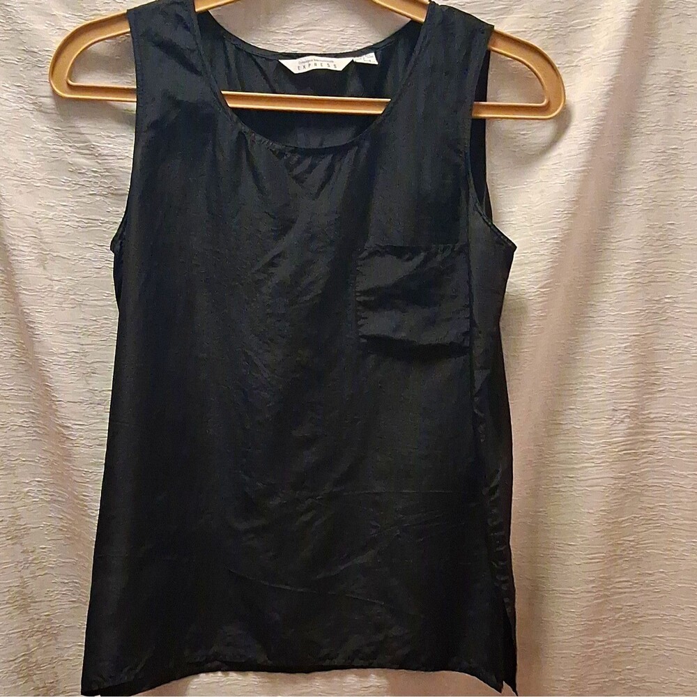 Express Women's Black Solid Silk Sleeveless Round Neck Pocket Tank Top L